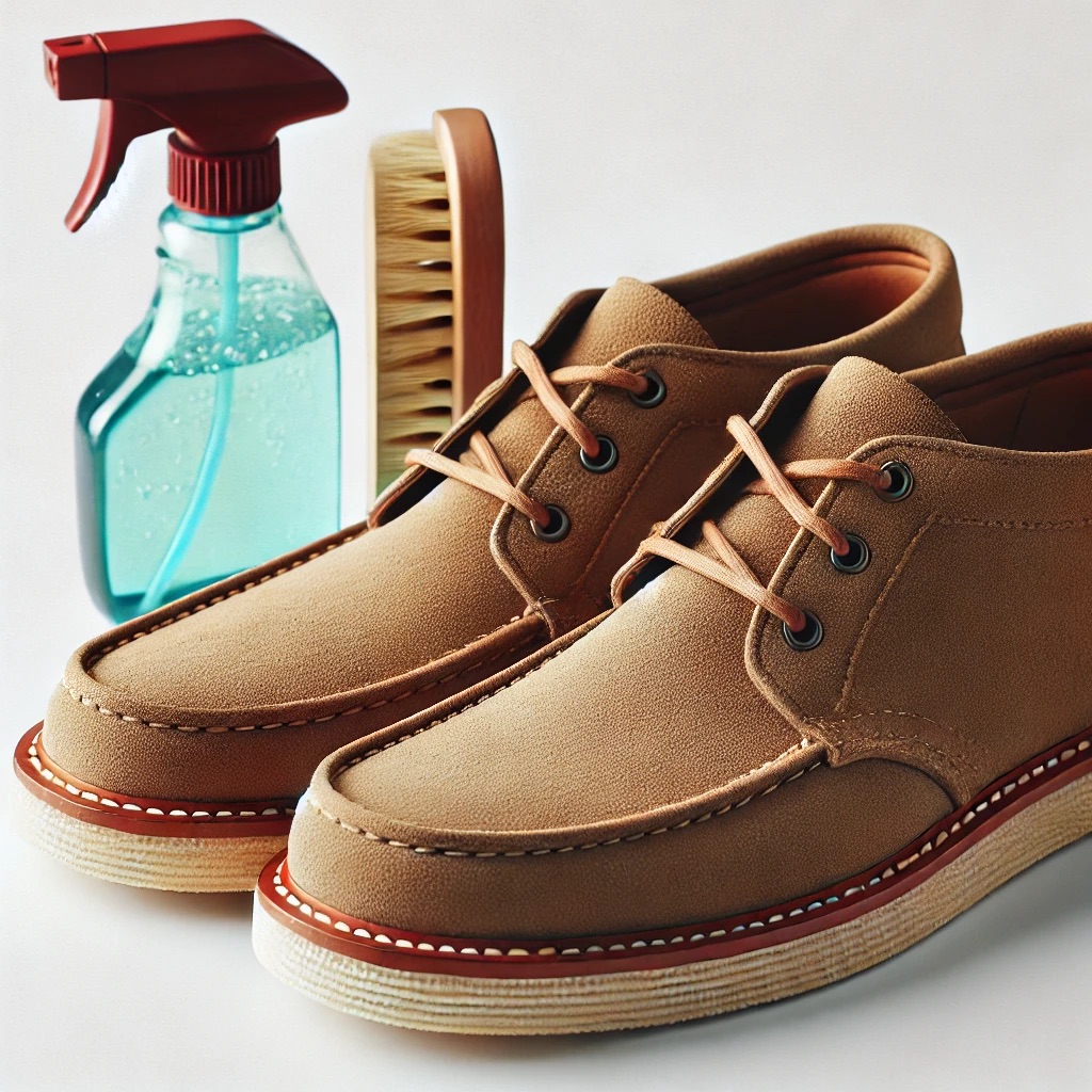 Picture of a suede shoes and some of its maintenance tools.